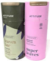2 New ATTITUDE Natural Origin Deodorants : Leaves Bar Baking Soda-Free Herbal Musk & Super Leaves White Tea Leaves Scent, 85g ea