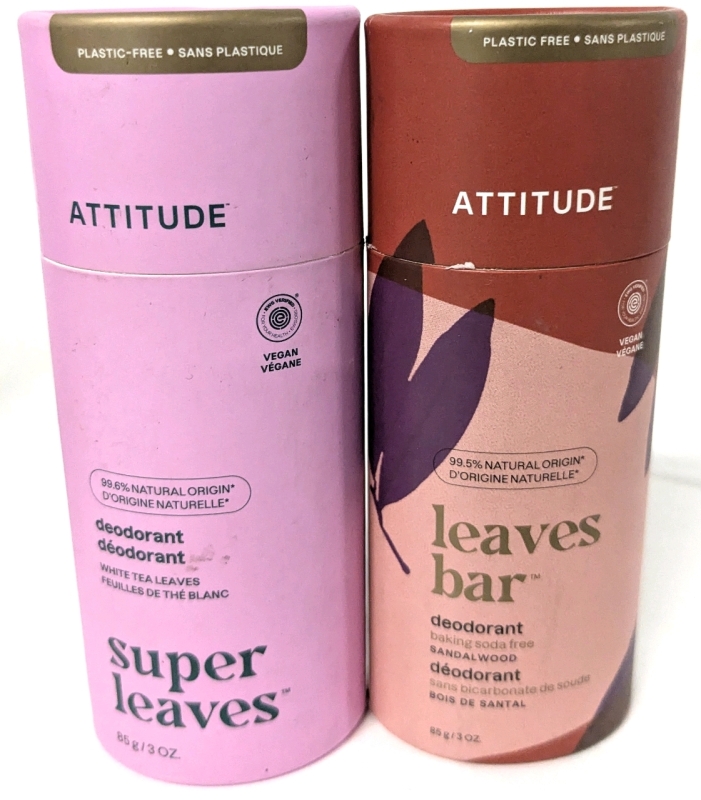 2 New ATTITUDE Natural Origin Deodorants : Leaves Bar Baking Soda-Free Sandalwood & Super Leaves White Tea Leaves Scent, 85g ea