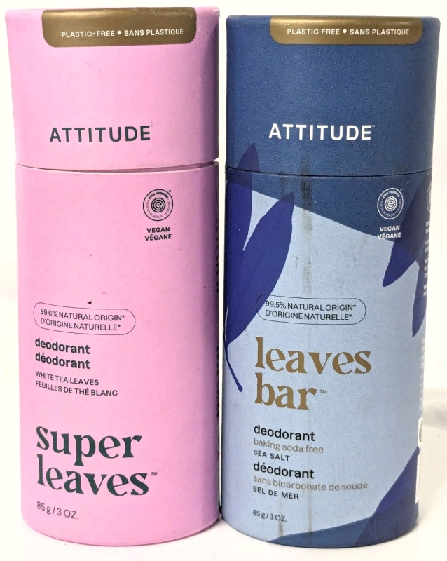 2 New ATTITUDE Natural Origin Deodorants : Leaves Bar Baking Soda-Free Sea Salt & Super Leaves White Tea Leaves Scent, 85g ea