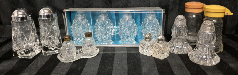 7 Vintage Pairs of Glass Salt & Pepper Shakers - Tallest 4.25"