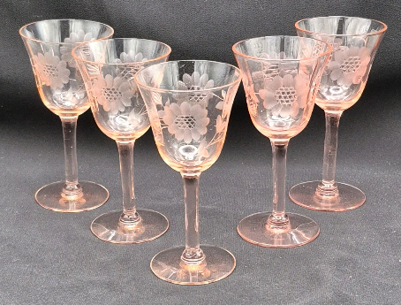 5 Pink Depression Glass Cornflower Liqueur Glasses 4.5" Tall