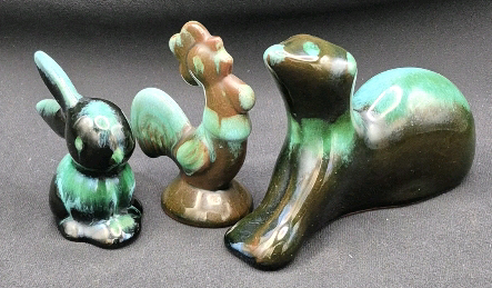 3 Adorable Unsigned Blue Mountain Pottery Animal Figures - Bunny, Roaster & Weasel/Ferret