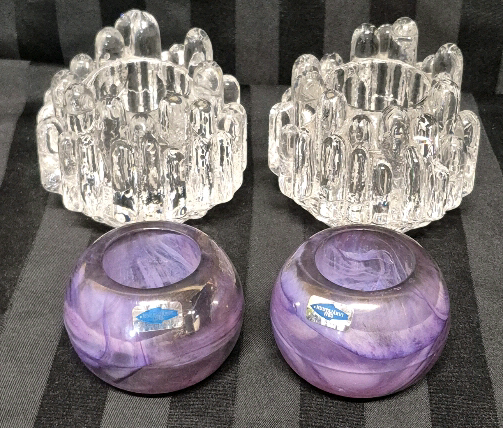 4 Vintage Crystal & Glass Candle Holders - Kosta Boda Swedish Crystal Icicle & Nuutajarvi Finland Purple Lavender Swirl Candle Holders