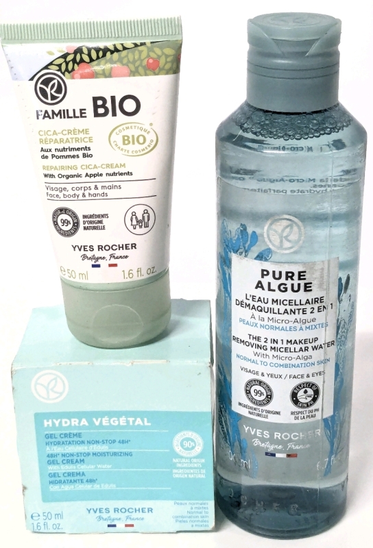 New YVES ROCHER 2-in-1 Makeup Remover with Micellar Water (200ml), 48hr Non-Stop Moisturizer Cream (50ml) & Repairing Cica-Cream (50ml), Earliest EXP 02/2028