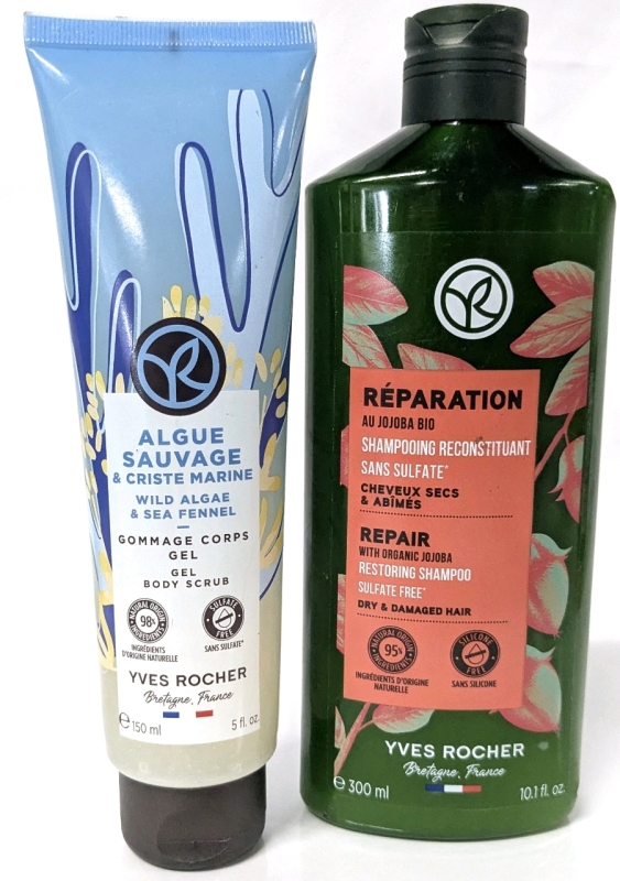 New YVES ROCHER Repair Restoring Shampoo for Dry/Damaged Hair (300ml) + Wild Algae & Sea Fennel Gel Body Scrub (150ml), Earliest EXP 11/2026