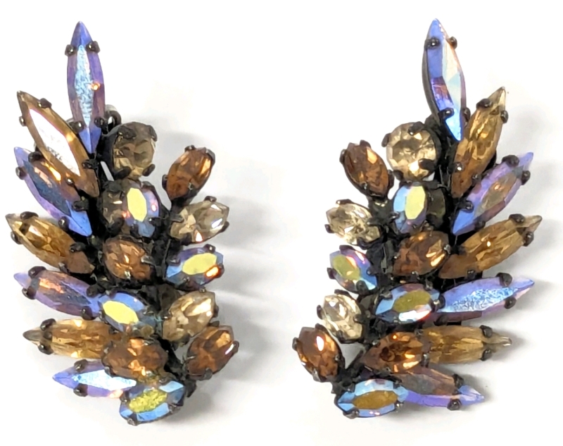 Spectacular Signed SHERMAN Clip-On Earrings Navette Chattons Swarovski Crystals, Japaned Backs, 1.3" Long Each