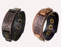New 2pcs set Retro Copper Design Genuine Leather Bracelets One Black One Brown Snap Clasp Approximately 7 -7.75 inch Stock photos added