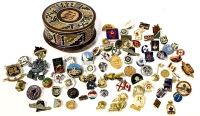Assorted Vintage to Modern Pins (Mostly Metal & Enamel) in Round Terracotta Trinket Box 3.5" &times; 2" Tall