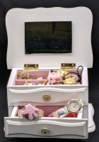 Great Children's Jewelry Box with Kid-Treasure Contents : 2 Working Watches (incl McDonald's Kids), Earrings, Rings, Bracelets, Treasures Abound! Box Measures: 6.25" &times; 4.35" &times; 3.75"