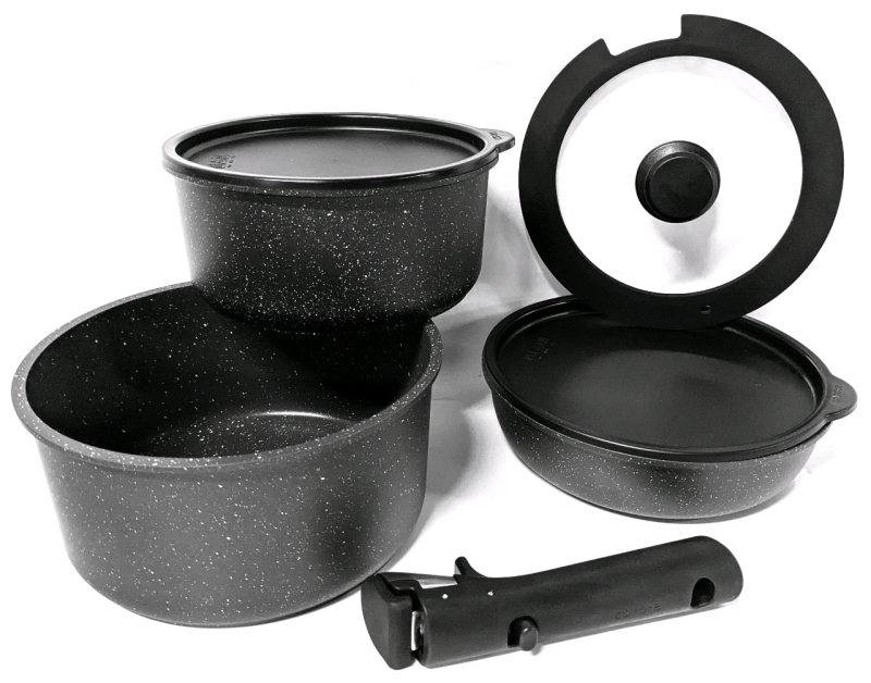 New CAROTE Nonstick Detachable Cookware in Black : Universal Detachable Handle, Frying Pan 8.4"D &times; 2.15" Deep, Pot 7.6"D &times; 3.5" Deep, Pot 8.4"D &times; 4.2" Deep + 8.4"D Glass & Silicone Lid + 2&times; Fridge Lids 7" - 7.75" Diameter