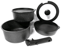 New CAROTE Nonstick Detachable Cookware in Black : Universal Detachable Handle, Frying Pan 8.4"D &times; 2.15" Deep, Pot 7.6"D &times; 3.5" Deep, Pot 8.4"D &times; 4.2" Deep + 8.4"D Glass & Silicone Lid + 2&times; Fridge Lids 7" - 7.75" Diameter