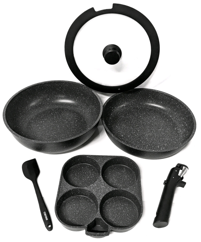New CAROTE Nonstick Detachable Cookware in Black : Universal Detachable Handle, 8" Silicone Spatula, Egg Pan (Makes 4&times; 3.5"D Fried Eggs), 10.5"D Glass Lid (Fits Both Pans), Pan 10.75"D &times; 3.25" Deep & Pan 10.75"D &times; 2.5" Deep
