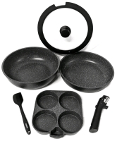New CAROTE Nonstick Detachable Cookware in Black : Universal Detachable Handle, 8" Silicone Spatula, Egg Pan (Makes 4&times; 3.5"D Fried Eggs), 10.5"D Glass Lid (Fits Both Pans), Pan 10.75"D &times; 3.25" Deep & Pan 10.75"D &times; 2.5" Deep