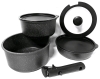 New CAROTE Nonstick Detachable Cookware in Black : Universal Detachable Handle, Frying Pan 8.4"D &times; 2.15" Deep, Pot 7.6"D &times; 3.5" Deep, Pot 8.4"D &times; 4.2" Deep + 8.4"D Glass & Silicone Lid + 2&times; Fridge Lids 7" - 7.75" Diameter