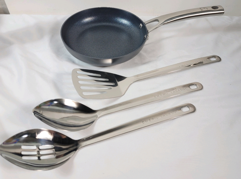 New - Emeril LaGasse 8"Hard Anodized Nonstick Fry Pan & Three (3) Large Utensils .