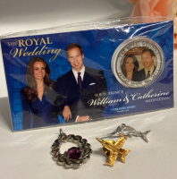 Sealed 2011 Prince William Catherine Royal Wedding /Sterling Swordfish Charm / 18 Gold Filled Vintage F/A -18 Hornet Pin / Purple Stone Pendant