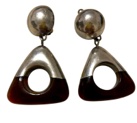 925 Sterling Electroform Simon Sebbag Isreal Statement Art Deco Style Clip Earrings Approximately 2.5 Inches Top Sterling Ball Triangular Drop Signed Good Snap Closure on Clips