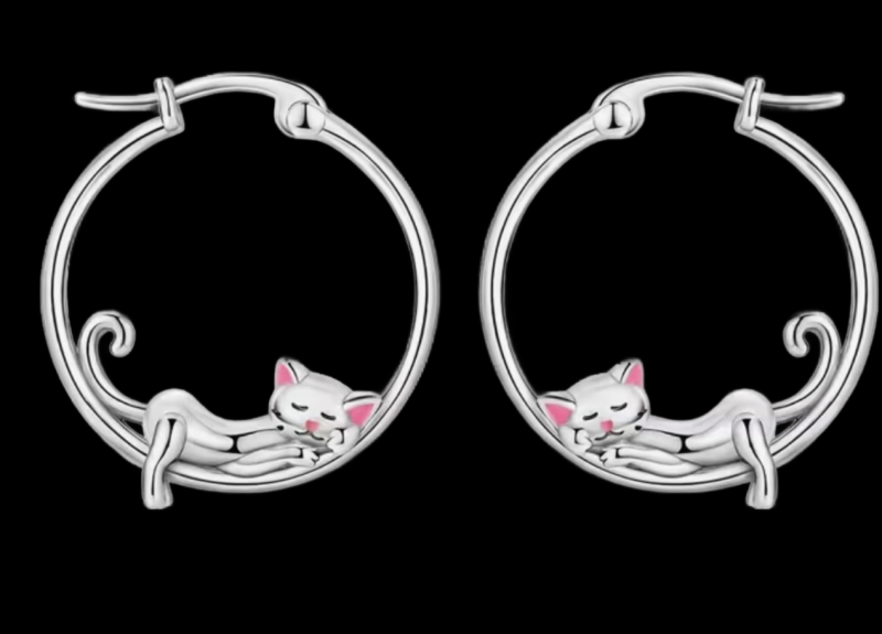 Classic 925 Silver Stamped Lazy Cat Hoop Earrings Approximately .8 inch Round