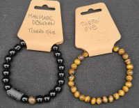 2 New Tigers Eye & Manmade Obsidian Tigers Eye Stone Bracelets 2.5" Diameter