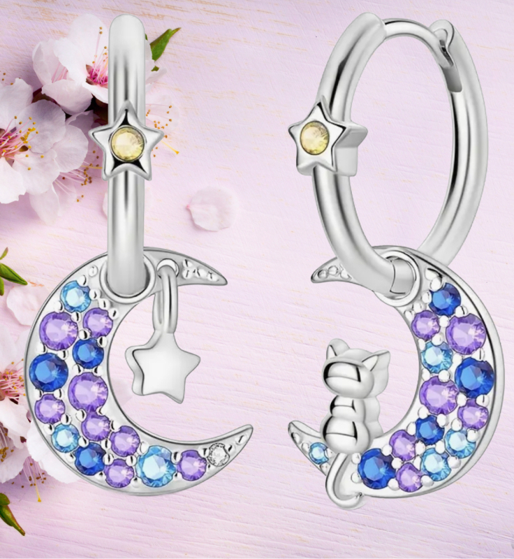Beautiful Cat Earrings 925 Silver stamped Star & Moon Asymmetrical Hoops with Moon drop Approx .94 inch Stock added with Model