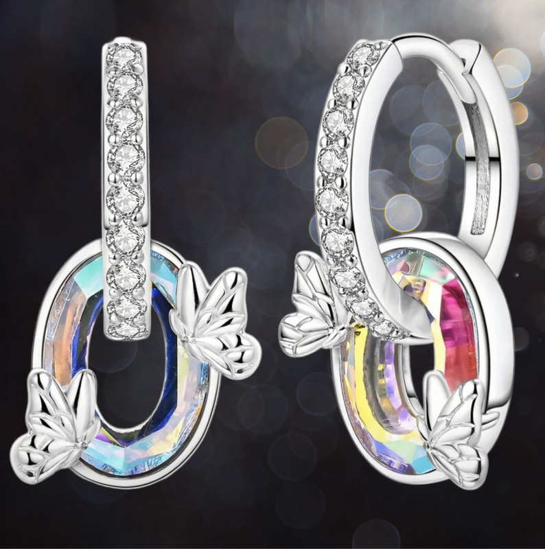 New Elegant Butterfly Hoop Earrings with Sparkling Cubic Zirconia 925 Sterling Silver Plated approximately .7 inch drop Stock photo with Model