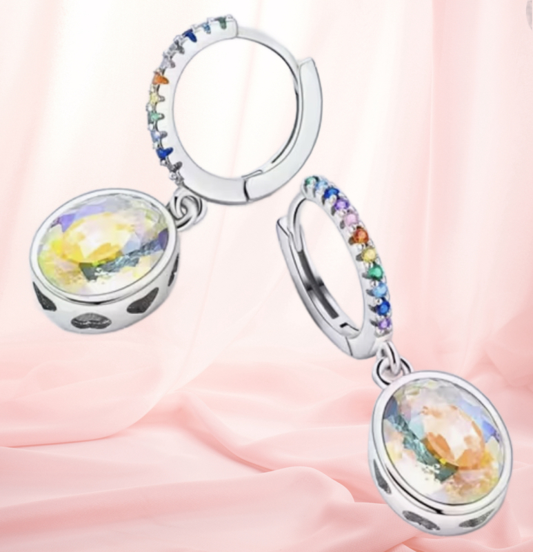 New Stamped 925 Sterling Classic Hoop Earrings Adorned with Colorful Stones Oval Drop approximately 1 inch Stock added with model