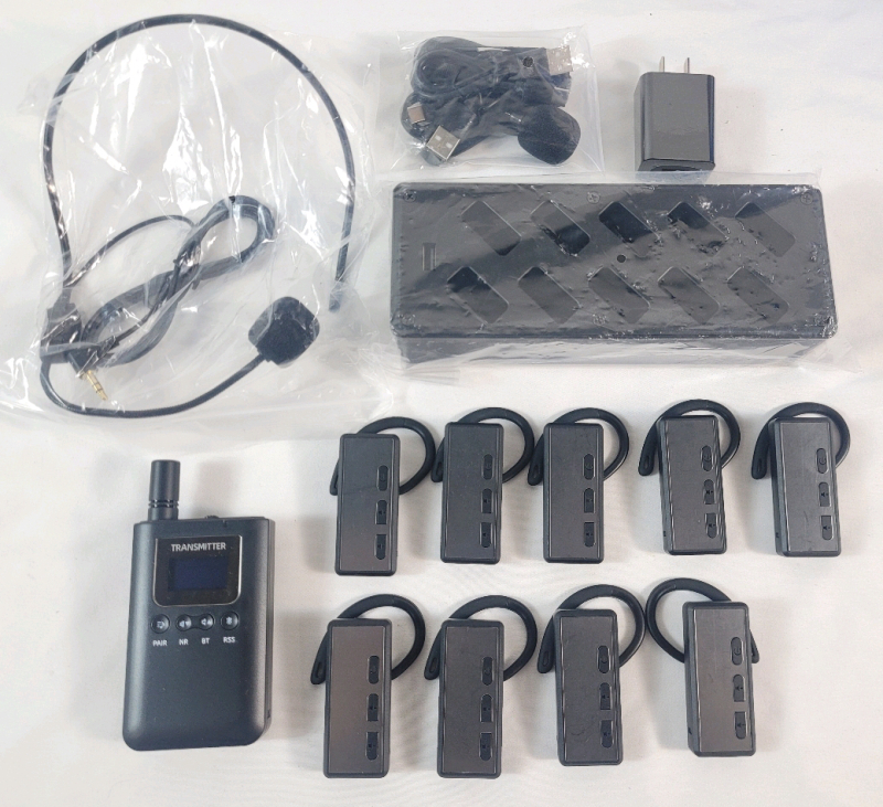 Whisper Tour Bluetooth Wireless Audio Guide Headset w/Transmitter & Nine (9) Audio Bluetooth Earpieces plus Charging Station . Untested