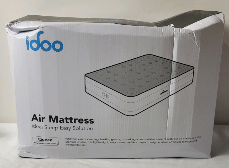 As New - iDoo Queen Air Mattress w/Built-in Pump , 650lb Weight Max. . Some Bends to box