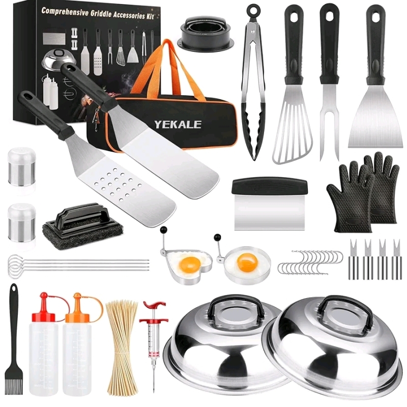 As New - Mibote Griddle Accessories Kit, Griddle Grill Tools Set for Blackstone and Camp Chef, Professional Grill BBQ Spatula Set with Basting Cover, Spatula, Scraper, Bottle, Tongs . Tear to box top