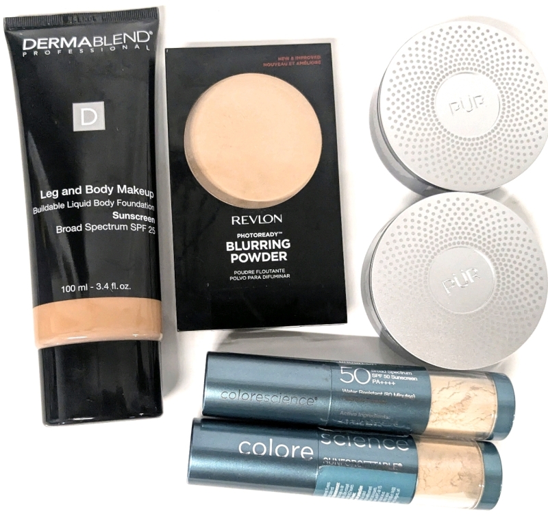 [See Desc] Makeup & Foundation: Dermablend Leg & Body Makeup (Med Bronze 45N), REVLON Photoready Blurring Powder, 2&times; P&Uuml;R 4-in-1 Pressed Mineral Makeup SPF15 (Linen MN3, Porcelain LP4) & 2&times; COLORE SCIENCE Sunforgettable 50SPF Brush On Shield (Fair & Medium
