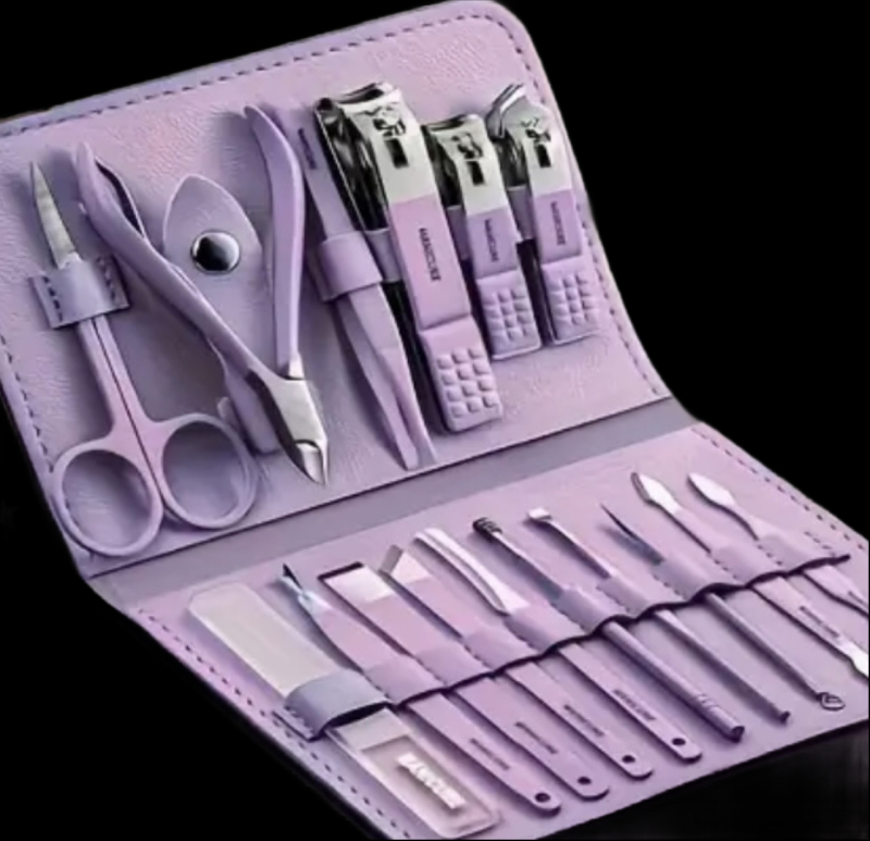 New 16pcs Soft Purple 5.51 inch /4.33 inch Premium Stainless Steel Nail Care Tool Set with Straight Edge Nail File Ear Pick and Scissors