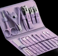New 16pcs Soft Purple 5.51 inch /4.33 inch Premium Stainless Steel Nail Care Tool Set with Straight Edge Nail File Ear Pick and Scissors