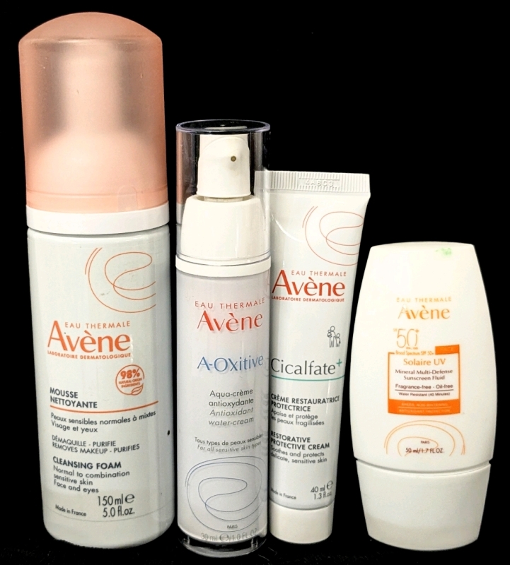 [See Desc] 4pcs AV&Egrave;NE : Cleansing Foam, A-Oxitive Antioxidant Water Cream, Cicalfate+ Restorative Protective Cream & Solaire IV 50SPF Mineral Multi-Defense Fluid Sunscreen, Earliest EXP 11/2025
