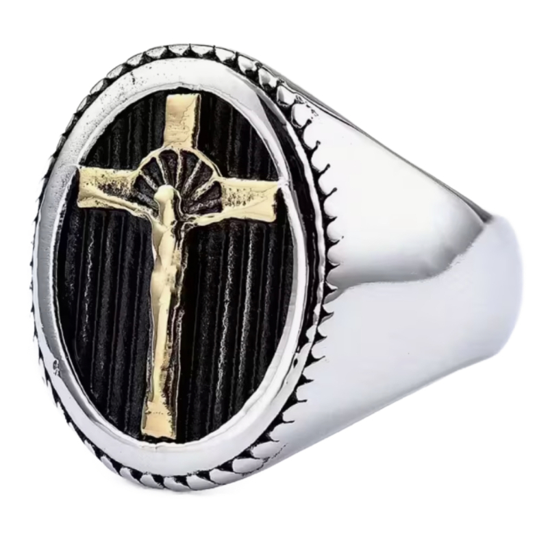 Retro Cross Ring Titanium Steel Wide Band Oval Centre Size 15