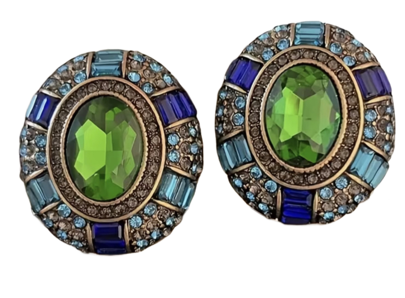 Vintage Oval Rhinestone Cab Gemstone Green French Earrings Post Pierced Back Approximately 1 inch foil back Cab