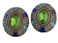 Vintage Oval Rhinestone Cab Gemstone Green French Earrings Post Pierced Back Approximately 1 inch foil back Cab