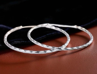 New 925 Sterling Silver Stamped Glittering Hoop Earrings Large 2.5 inch Slide in Posts Stock Photo added with model