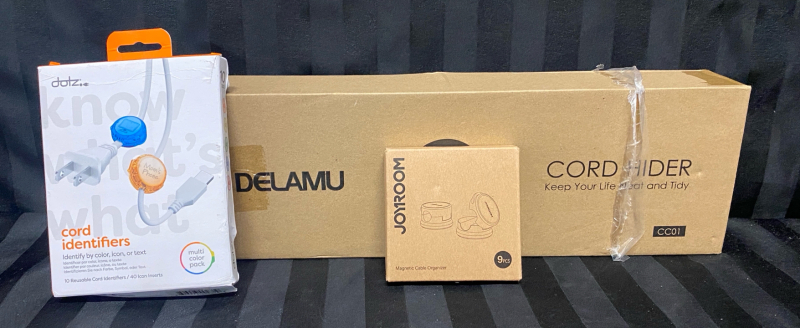 As-New Cable Management Lot: Includes 10x16&rdquo; Delamu Cord Hiders, 9 Joyroom Magnetic Cable Organizers, and 10 Dotz Cord Identifiers