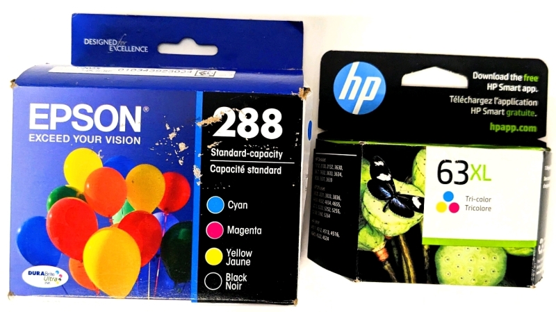 2 New Sealed Printer Inks : EPSON T288120-BCS 4 Ink Cartridges (Cyan, Magenta, Yellow, Black) & HP 63XL Tri-Color, Over $120 Retail Value, Earliest BB Nov 2026