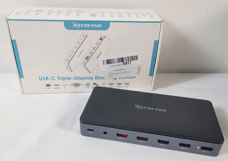 As New - Hitofish USB-C Laptop Laptop Triple-Display Docking Station , 15 in 1 Dock with 4K Triple Display Multiport Adapter Compatible for MacBook/Dell/HP/Lenovo (2 HDMI, DP, VGA, USB Ports, RJ45, SD/TF, Mic/Audio, PD) Black