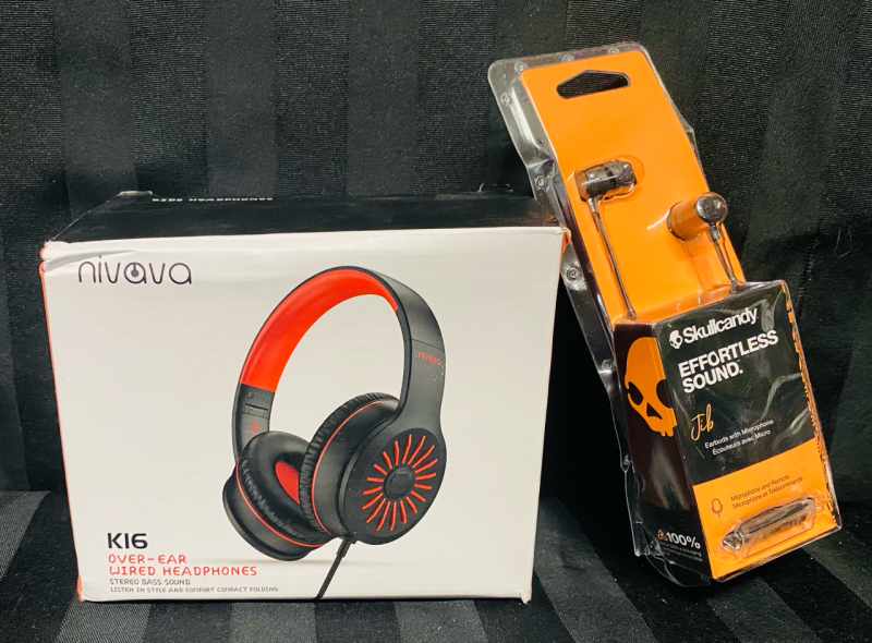 2 As-New Headphones: Nivava K16 Wired Kids Headphones with Mic PLUS Skullcandy Jib Wired Earbuds with Mic
