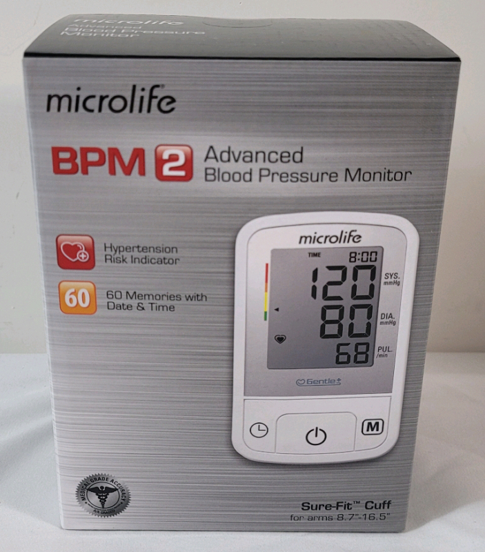 New - MicroLife BPM2 Advanced Blood Pressure Monitor . Hypertension Risk Indicator & 60 Memories w/Date and Time