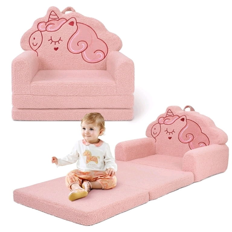 New Toddler Beavtaens Toddler Couch, Extra Large 53.1" x 23.6" Kids Sofa, 2-in-1 Flip Open Couch, Pink Unicorn Retails for $45US