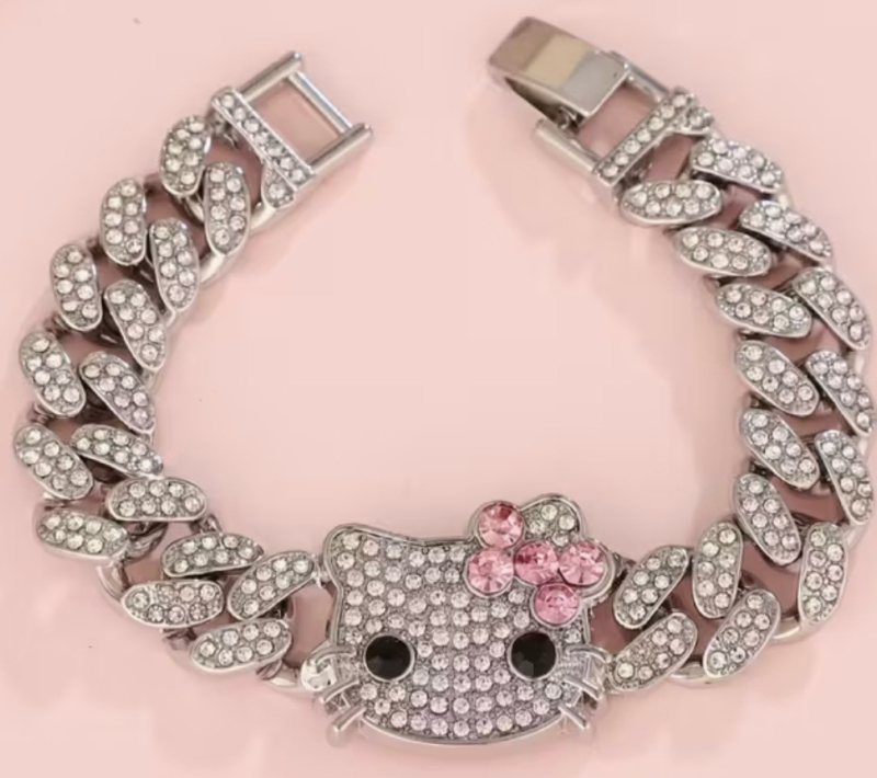 Hello Kitty Iced Out Cuban Link Bracelet Rhinestones Sanrio Approximately 6.5 Inch Snap Over Clasp