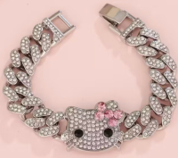 Hello Kitty Iced Out Cuban Link Bracelet Rhinestones Sanrio Approximately 6.5 Inch Snap Over Clasp