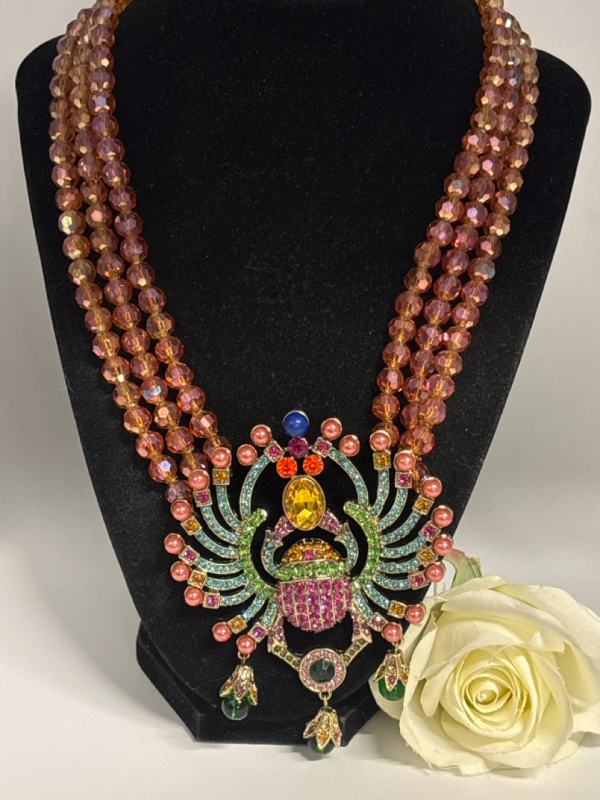 Egyptian Revival Queen&rsquo;s Scarab Rhinestone Statement Necklace Scarab Pendant approximately 3.5 inch 3 strand Bead Chain 16&rsquo;&rsquo; with extender Signed
