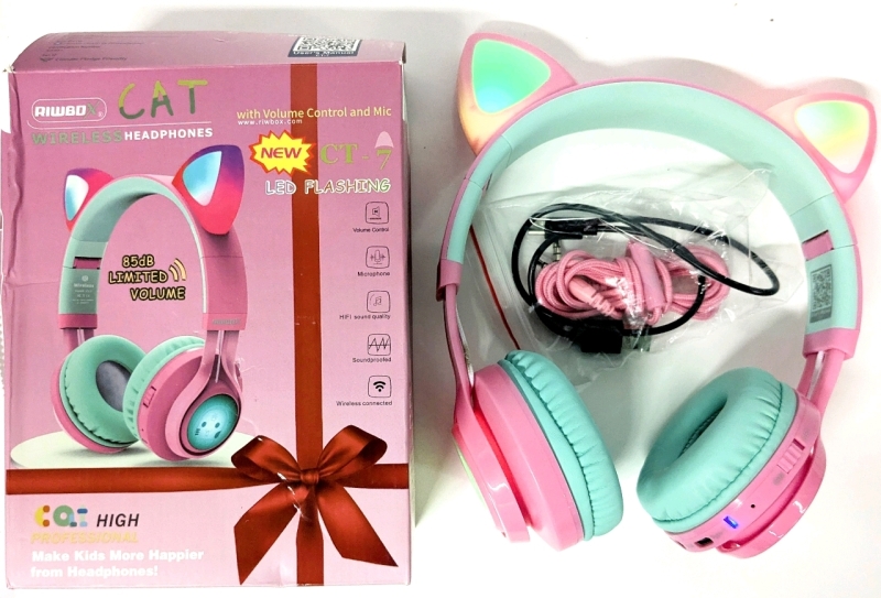 Aiwbox CAT EAR CT-7 Wireless Headphones with Volume Control, Mic & LED Flashing Lights, Limited to 85dB Volume