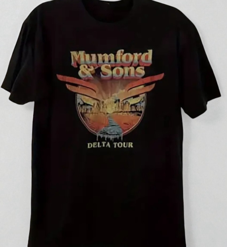Official Mumford & Sons Delta Tour Graphic Tee - Concert Tour Shirt with Vintage Musical Instruments & Flames Heavyweight 100% Band T-Shirt Machine Washable Size XL
