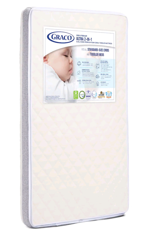 New , Sealed - Graco Grib & Toddler Ultra 2-in-1 Dual-Sided Premium Foam Mattress . Measures 52"&times;28"&times;6" . Retail $188