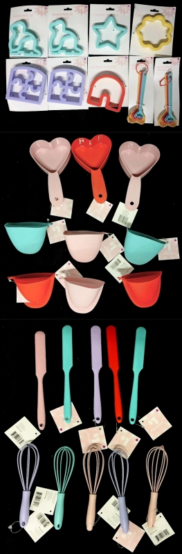 New Colourful Kitchen Additions : Sandwich Shape Cutters, Measuring Spoons, Silicone Gripper Mits, Small Whisks, Spatulas +